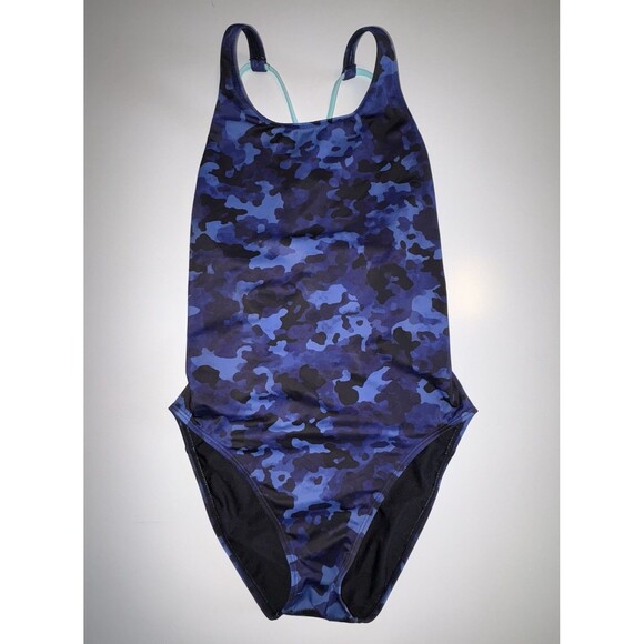 Athleta Freestyle Blue Camo One Piece Swimsuit Size 36 Strappy Back - Picture 3 of 7